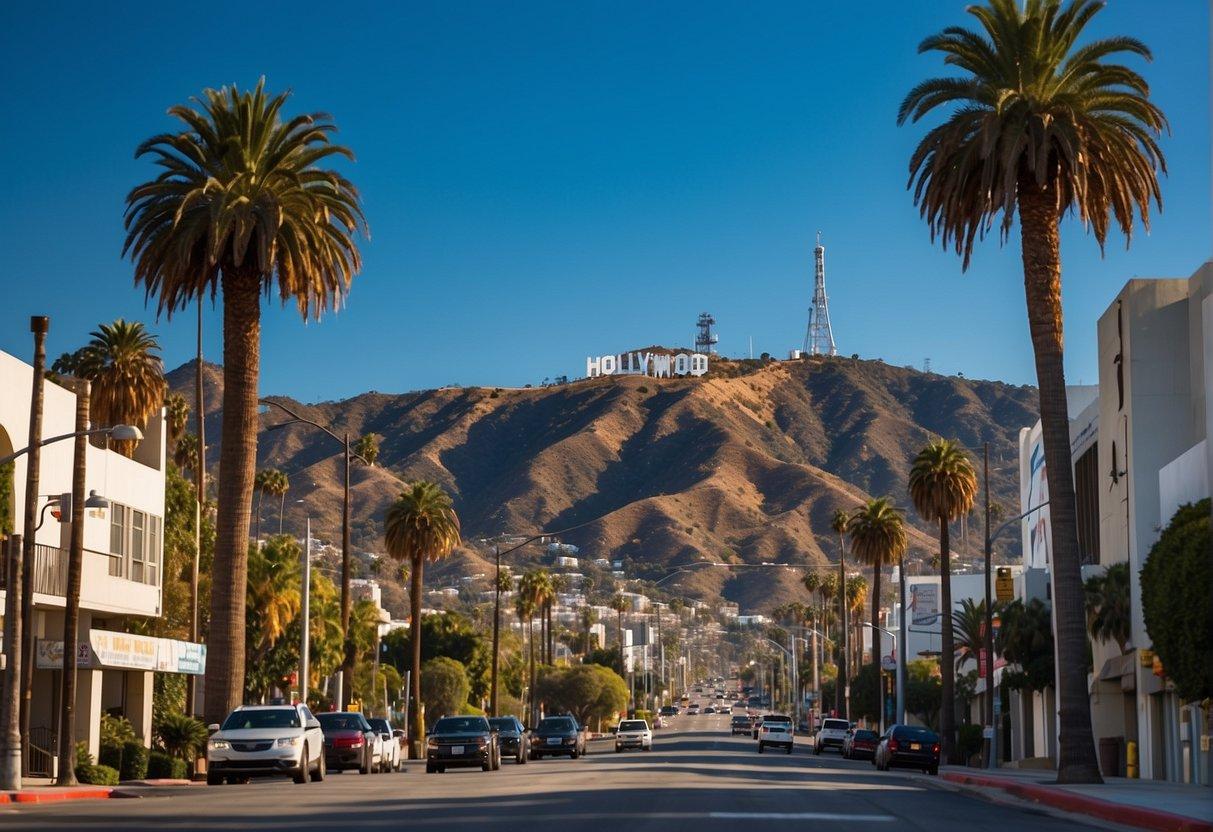 The Hollywood sign stands tall against a backdrop of clear blue skies, while palm trees line the streets of Los Angeles, creating an iconic and vibrant cityscape