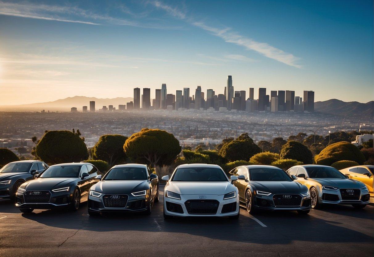 A fleet of luxurious vehicles lined up against the backdrop of iconic Los Angeles landmarks, showcasing the top 20 must-see attractions in the city