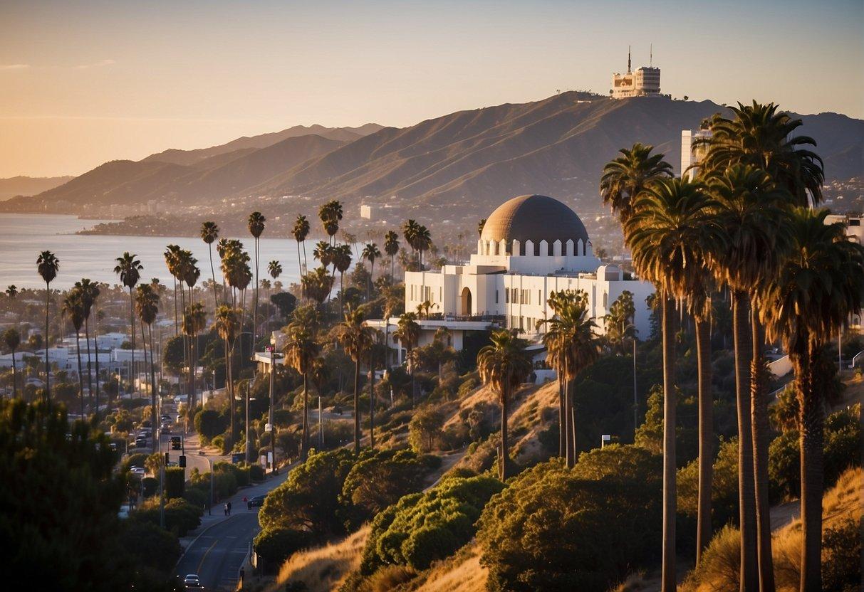 The Hollywood sign stands tall on the hillside, while palm trees line the iconic Venice Beach boardwalk, and the Griffith Observatory overlooks the city skyline