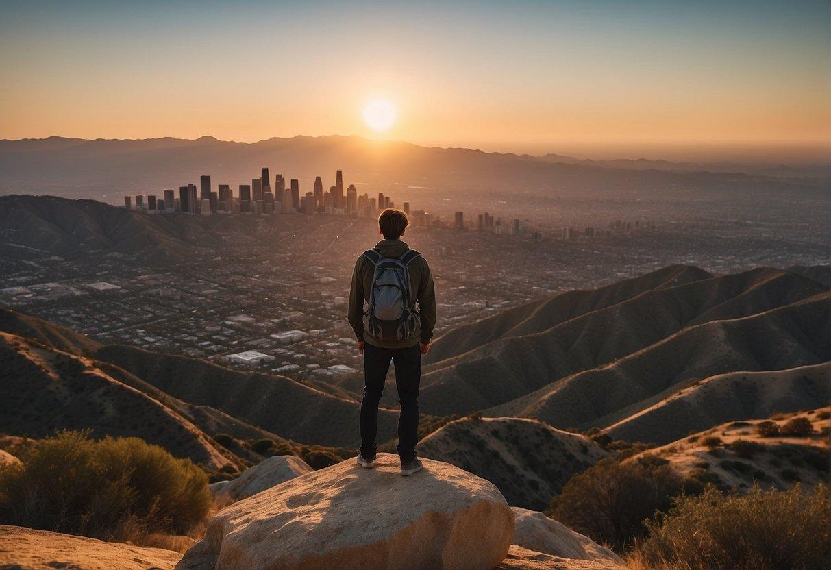 A hiker stands atop a scenic mountain peak overlooking the sprawling city of Los Angeles. The sun sets behind the distant skyline, casting a warm glow over the rugged landscape