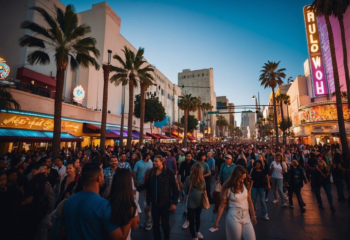 A bustling Hollywood Boulevard lined with colorful neon signs and crowded with people, leading to the iconic Hollywood Walk of Fame. Bright lights and lively energy fill the air, with street performers and bustling shops adding to the vibrant scene