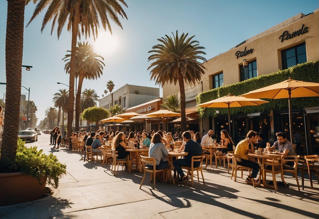 People dining at outdoor cafes, while others shop at trendy boutiques along a bustling street in Los Angeles. Palm trees line the sidewalk, and the sun shines down on the vibrant scene