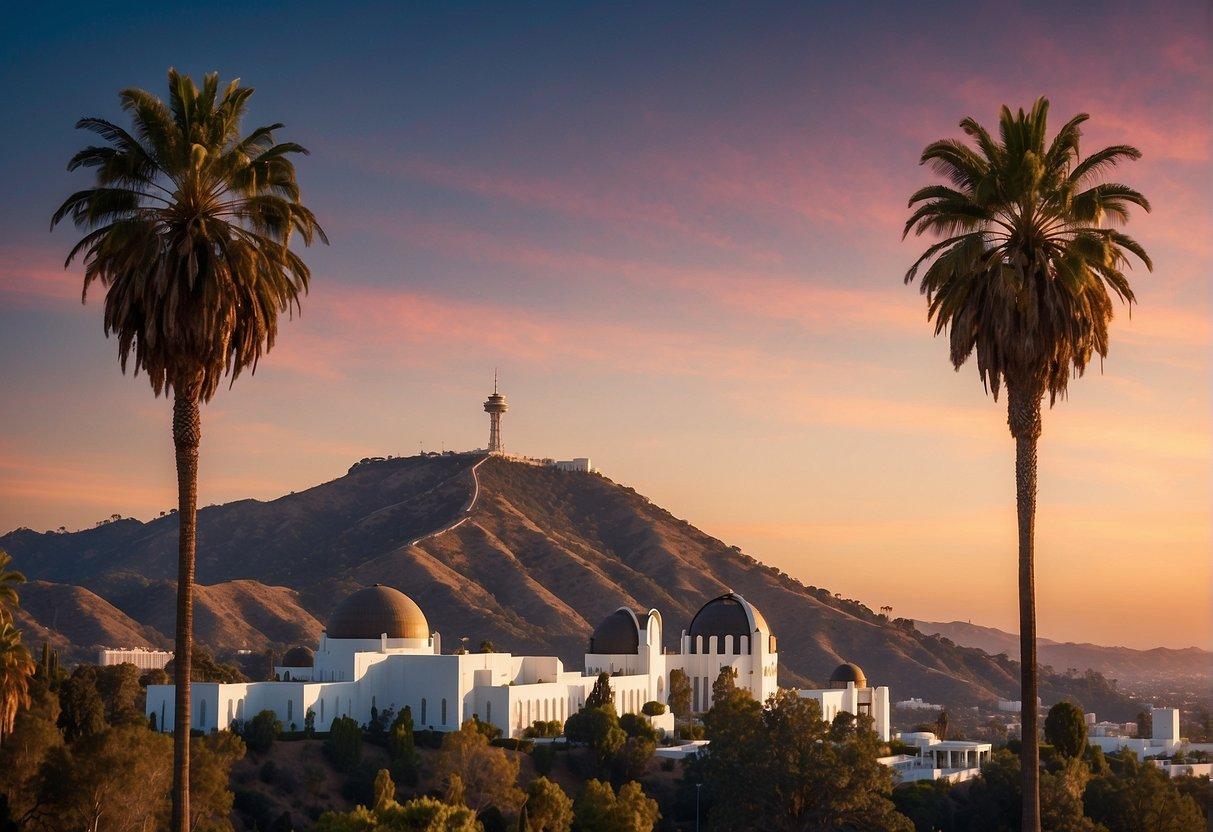 The Hollywood sign overlooks the city, while palm trees line the streets and the iconic Griffith Observatory stands against a vibrant sunset backdrop