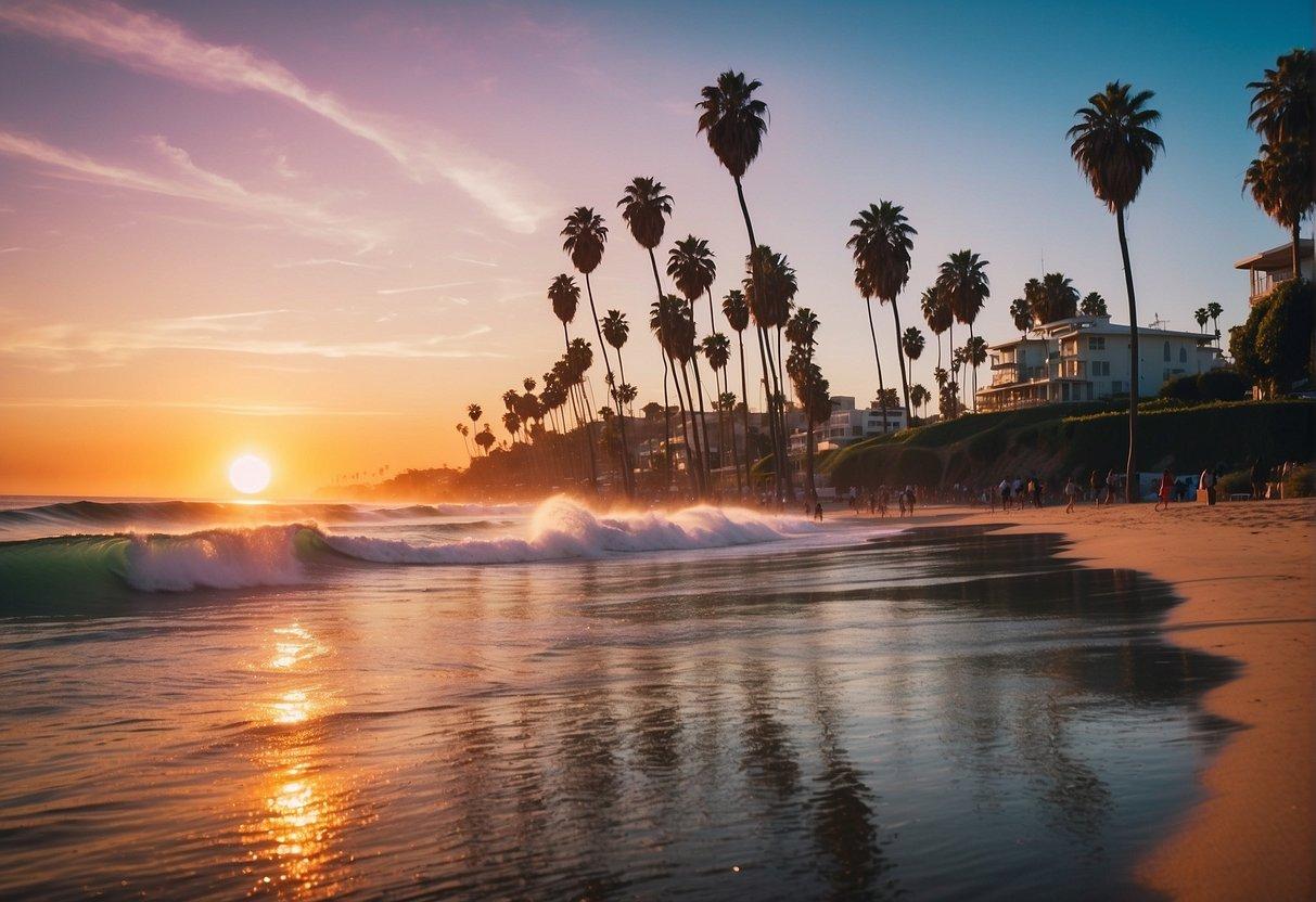 A vibrant beach scene with surfers riding waves, palm trees lining the shore, and a colorful sunset over the ocean in Los Angeles