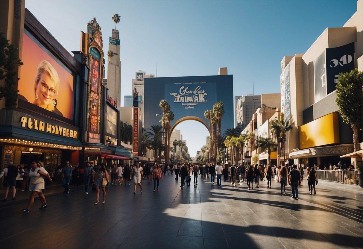 A bustling Hollywood Boulevard with colorful billboards, crowded sidewalks, and iconic landmarks like the Walk of Fame and Grauman's Chinese Theatre