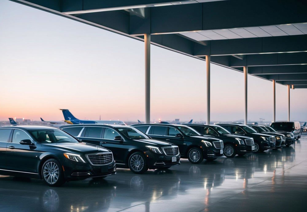 A line of sleek, luxurious vehicles waits at a private airport terminal in Los Angeles, ready to whisk celebrities away in style