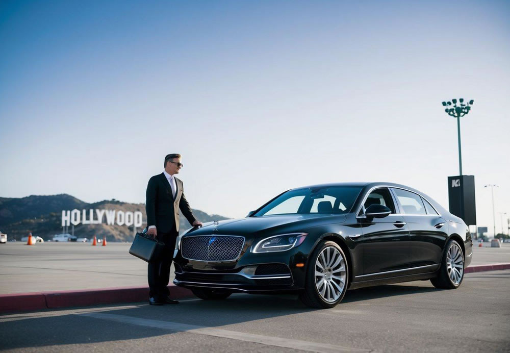 A sleek black luxury car waits at the airport curb, with the iconic Hollywood sign visible in the distance. The driver stands by the open door, ready to assist the arriving passenger