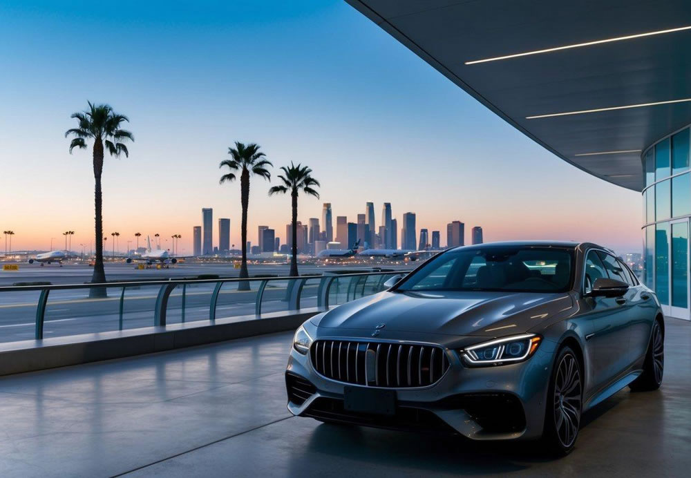 A luxury car waiting outside a modern airport terminal, with a backdrop of the Los Angeles skyline and palm trees