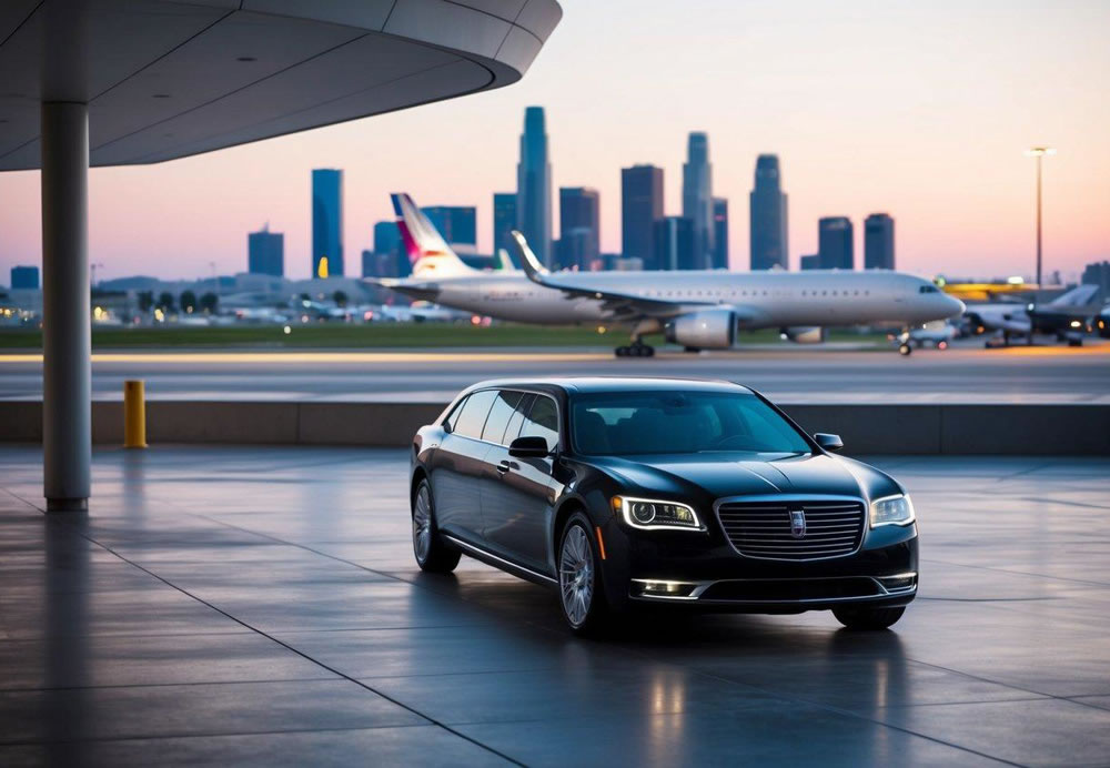 A sleek black limousine waits outside a modern airport terminal, with the iconic Los Angeles skyline in the background