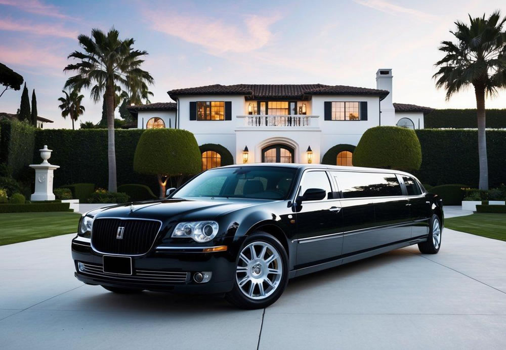 A sleek black limousine parked in front of a luxurious Beverly Hills mansion, surrounded by palm trees and a pristine driveway