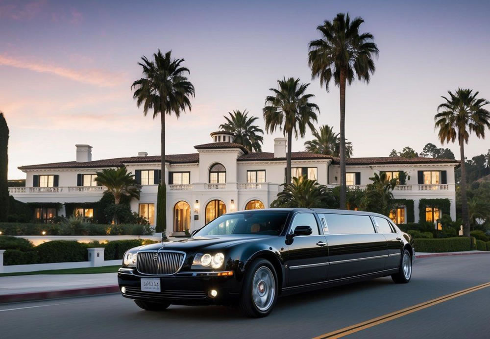 A sleek black limousine pulls up to a luxurious Beverly Hills mansion, with palm trees swaying in the background