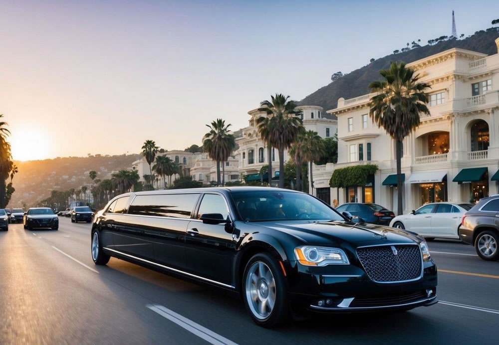 A sleek, black limousine glides through the palm-lined streets of Beverly Hills, passing by luxury boutiques and opulent mansions. The sun sets behind the Hollywood Hills, casting a warm glow on the iconic cityscape