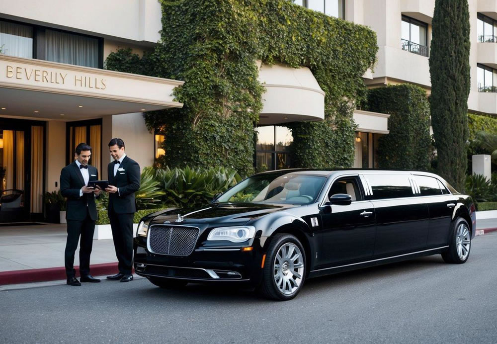 A sleek black limousine parked outside a luxury hotel in Beverly Hills, with a chauffeur standing by and a well-dressed individual managing reservations on a tablet