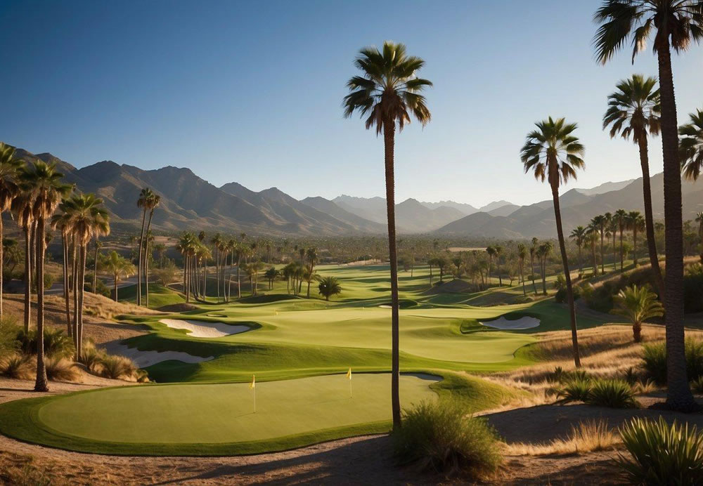 Lush green fairways stretch out beneath a clear blue sky, framed by towering palm trees and rolling hills, with immaculate putting greens and sparkling water hazards dotting the landscape