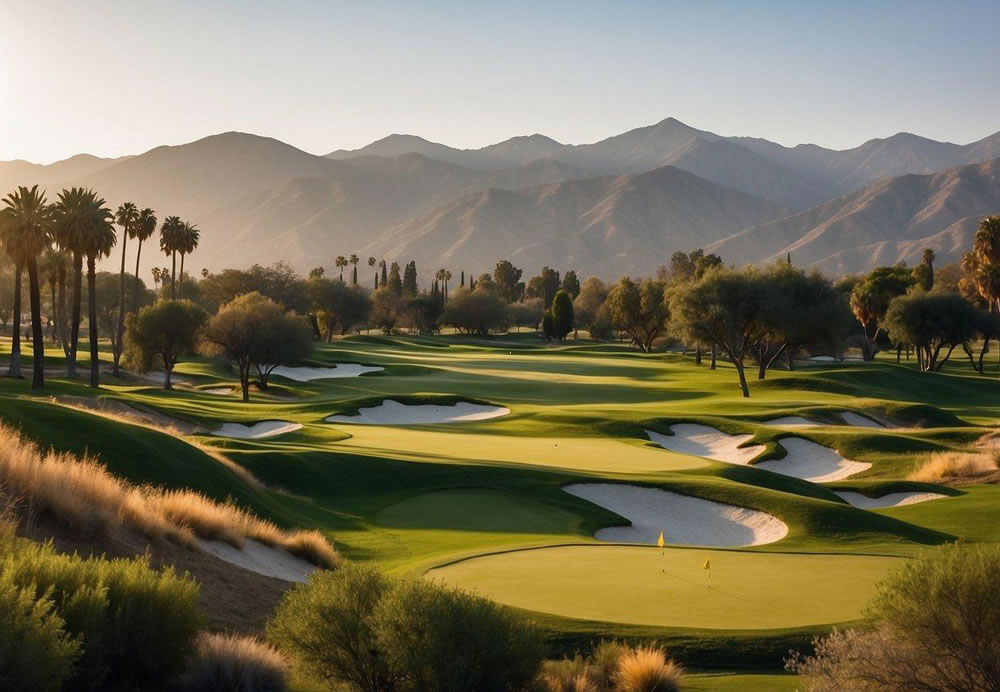 A sprawling green golf course nestled against the backdrop of the San Gabriel Mountains, with rolling fairways and pristine putting greens at MountainGate Country Club