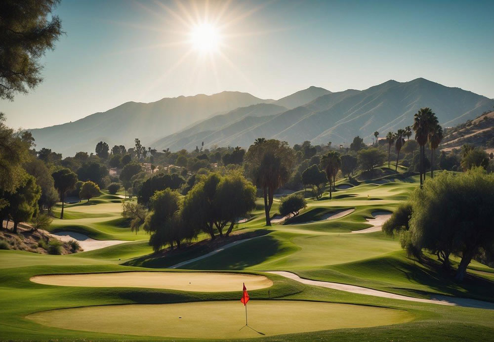 A sunny day at Angeles National Golf Club, with lush green fairways, rolling hills, and a backdrop of the San Gabriel Mountains