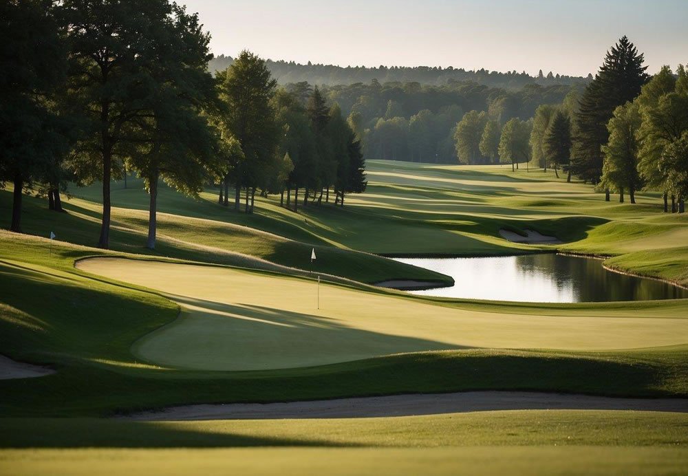 A lush green golf course with rolling hills, surrounded by tall trees and a serene brook running through the landscape