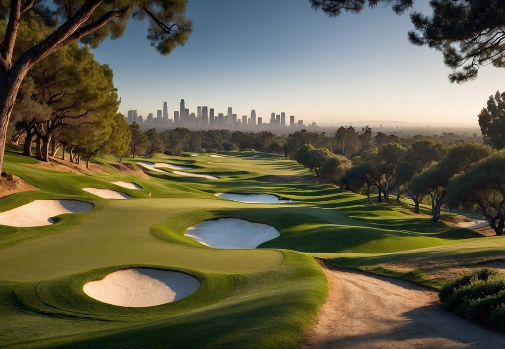 A sprawling golf complex in Griffith Park, Los Angeles, with lush green fairways, rolling hills, and a backdrop of the city skyline