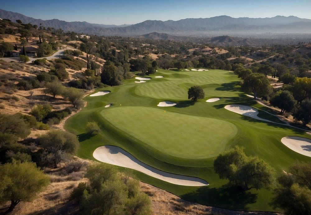 Aerial view of lush green golf courses in Los Angeles, with clear blue skies and mountains in the background. Signs indicating top 10 best courses