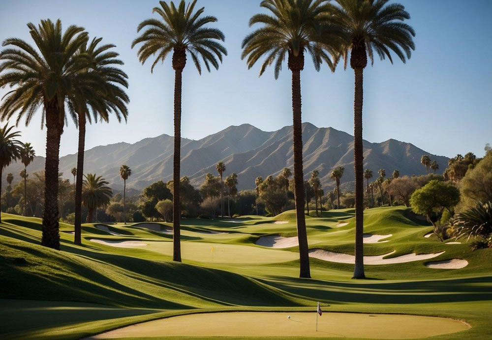 Lush, rolling fairways stretch out beneath a clear blue sky, surrounded by palm trees and stunning mountain views. Impeccably manicured greens and pristine water features make up the top 10 best golf courses in Los Angeles