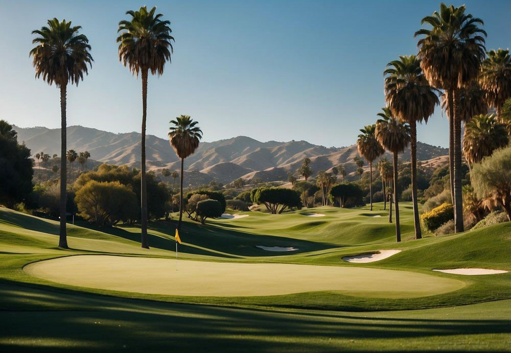 Aerial view of rolling green fairways, bunkers, and water hazards. Palm trees line the course under a bright blue sky