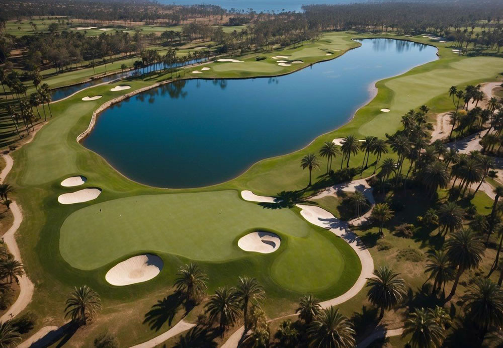 Lush green fairways lined with palm trees under a clear blue sky. Rolling hills and manicured greens create a picturesque backdrop for golfers in Los Angeles