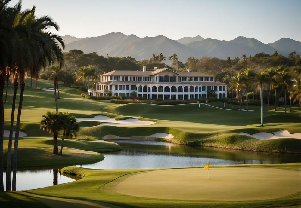 A lush golf course with rolling hills, palm trees, and a serene lake. The clubhouse stands tall in the distance, surrounded by well-manicured fairways and greens