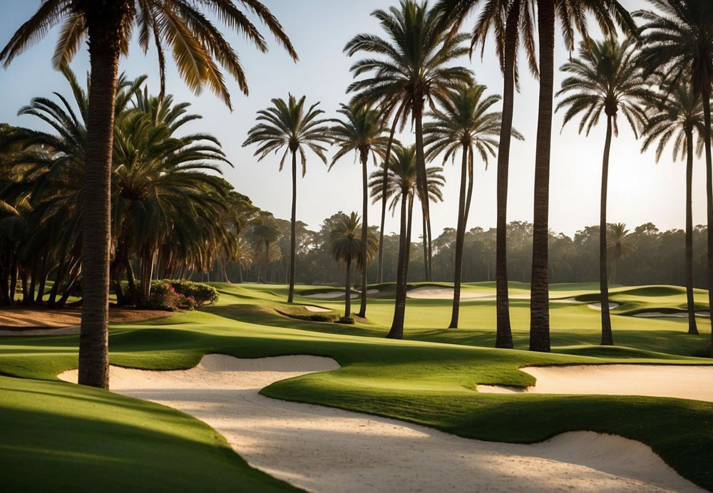 A lush green fairway stretches out under the bright sun, framed by tall palm trees and manicured bunkers. The iconic clubhouse sits in the background, a beacon of luxury and exclusivity