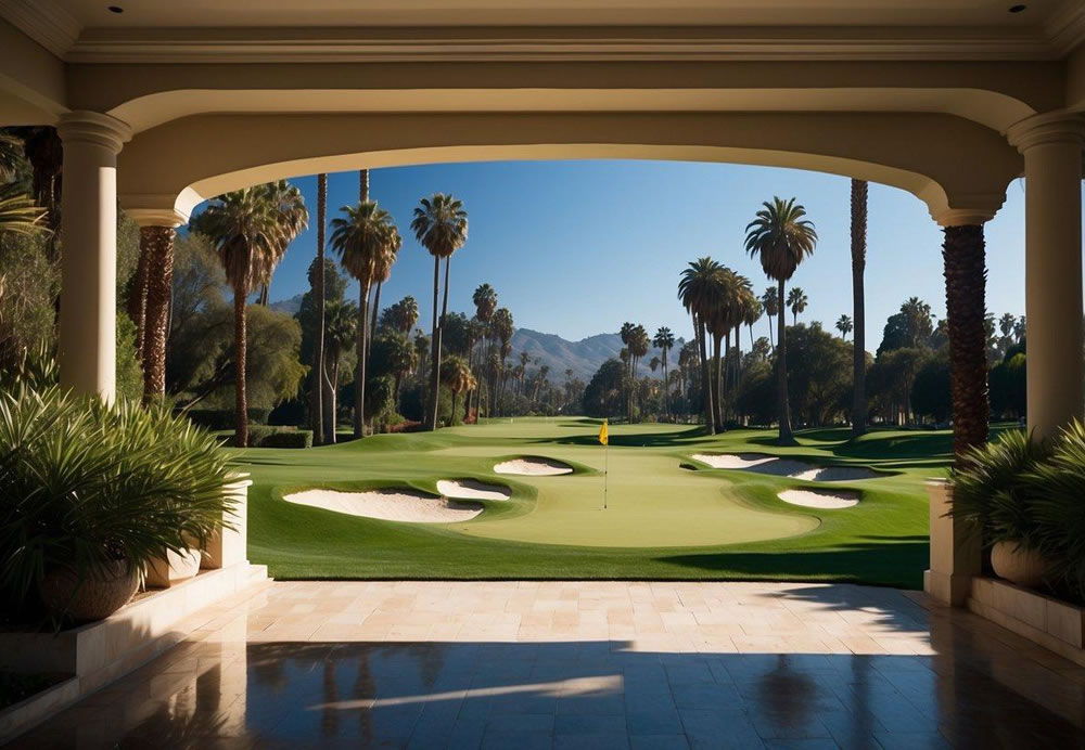 A lush green fairway stretches out beneath a clear blue sky, framed by tall palm trees and dotted with sand traps. The Los Angeles Country Club's elegant clubhouse overlooks the course, exuding luxury and exclusivity