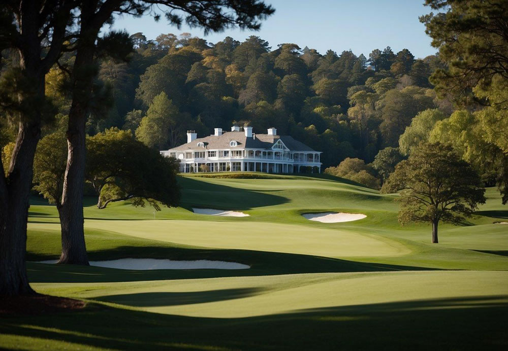 Lush green fairways wind through rolling hills, surrounded by tall trees and manicured landscaping. The iconic clubhouse stands proudly against a clear blue sky