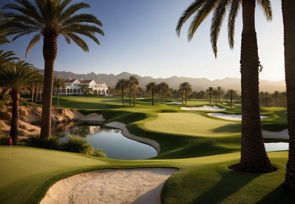 A lush green golf course with rolling hills and manicured fairways, surrounded by palm trees and a picturesque clubhouse at Trump National Golf Club