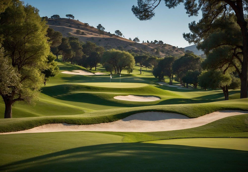 Lush green fairways wind through rolling hills, bordered by tall trees and manicured bunkers, under a bright blue sky at Sherwood Country Club