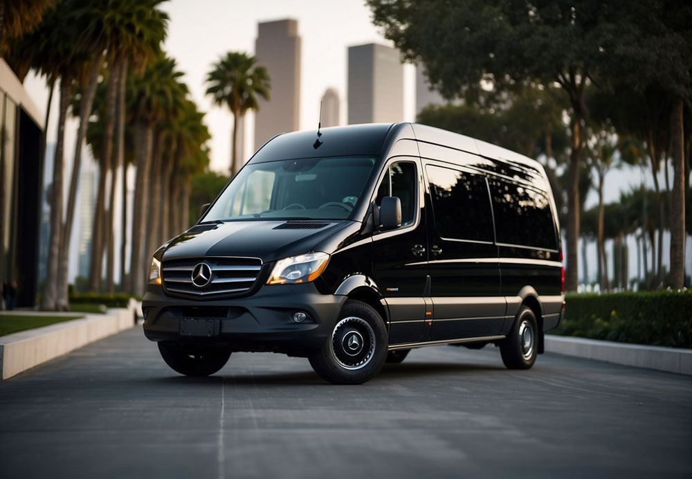 A Mercedes Sprinter van parked outside a luxury event venue in Los Angeles, with the city skyline in the background. The van is sleek and modern, with the logo prominently displayed on the side