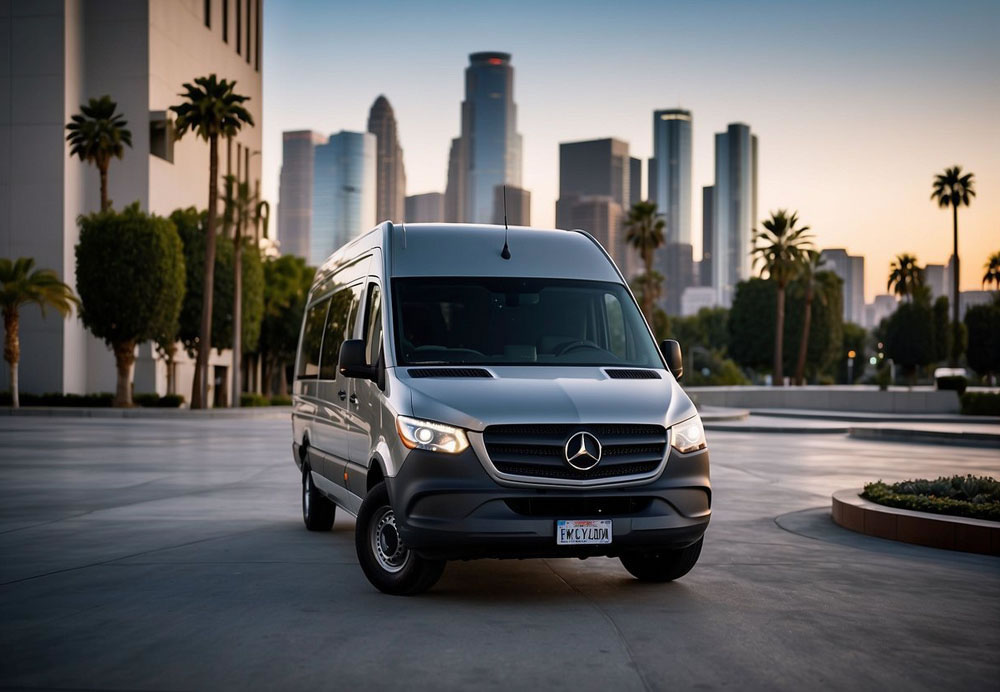 A sleek Mercedes Sprinter van parked in front of a luxury building in Los Angeles, with the city skyline in the background