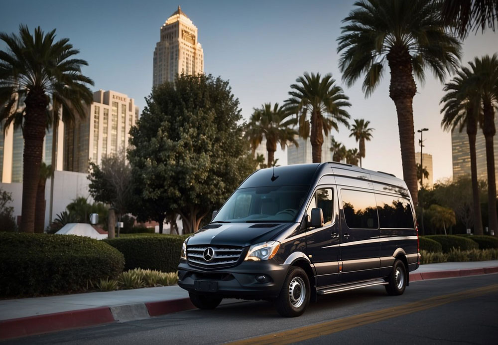 A sleek Mercedes Sprinter van parked in front of a luxury hotel in Los Angeles, with the city skyline in the background