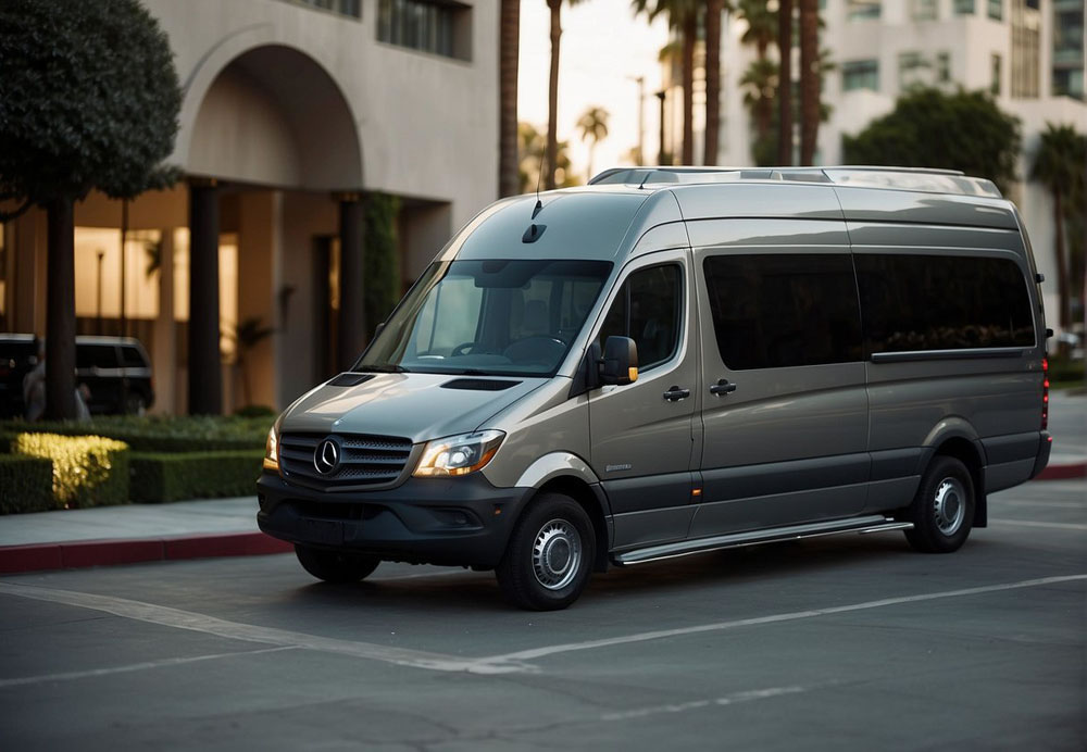 A sleek Mercedes Sprinter van parked in front of a luxury hotel in Los Angeles, with a chauffeur standing by, ready to provide executive transportation services