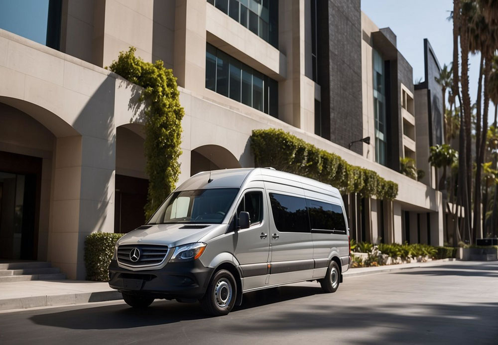 The Mercedes Sprinter van is parked in front of a luxury hotel in Los Angeles. The sleek, silver vehicle exudes elegance and sophistication, making it the perfect choice for executive transportation