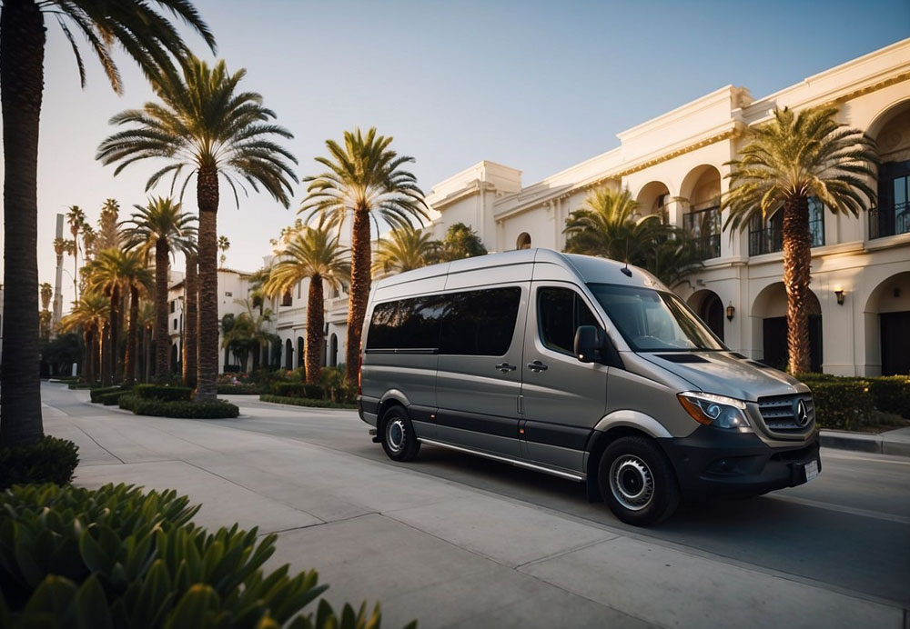 A Mercedes Sprinter van parked in front of a luxury hotel in Los Angeles, with palm trees in the background and a chauffeur standing by