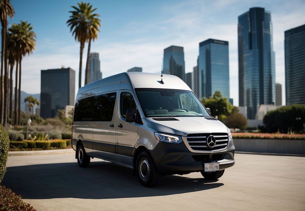 A sleek Mercedes Sprinter van parked in front of a luxurious building in Los Angeles, with the city skyline in the background