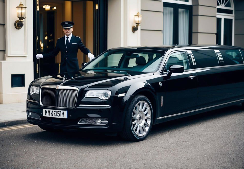 A sleek, black limousine parked in front of an elegant hotel entrance, with a uniformed chauffeur holding the door open