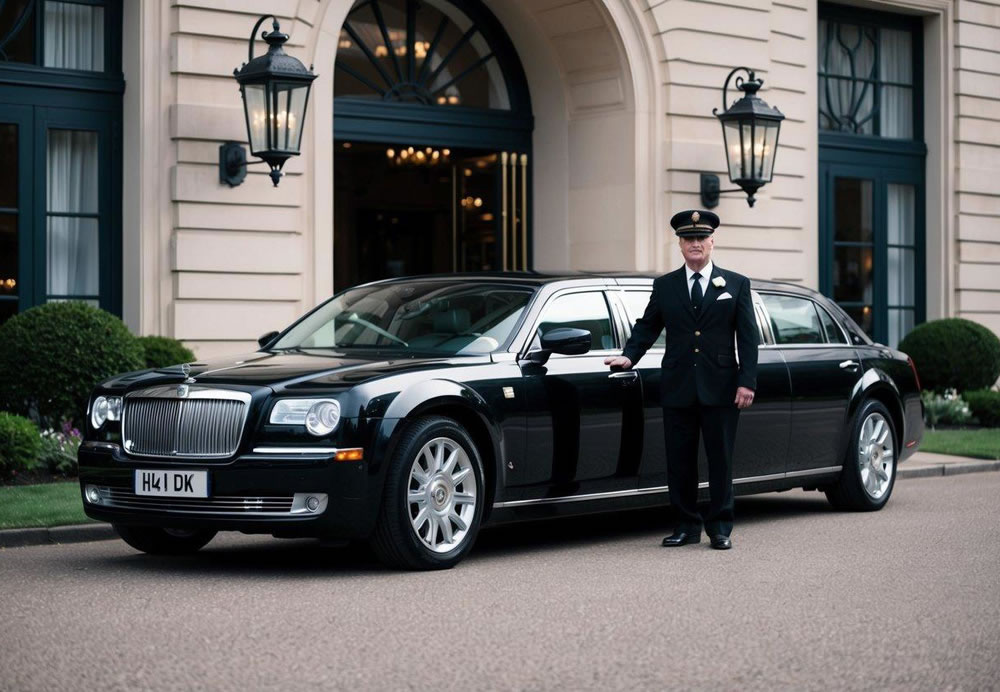 A luxurious limousine parked outside a grand hotel, with a chauffeur standing by the open door, ready to assist passengers