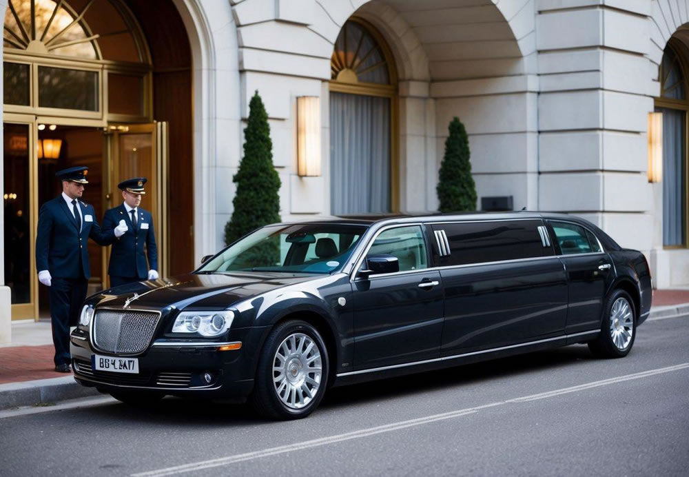 A sleek limousine parked in front of a grand hotel entrance, with a uniformed chauffeur holding the door open for passengers