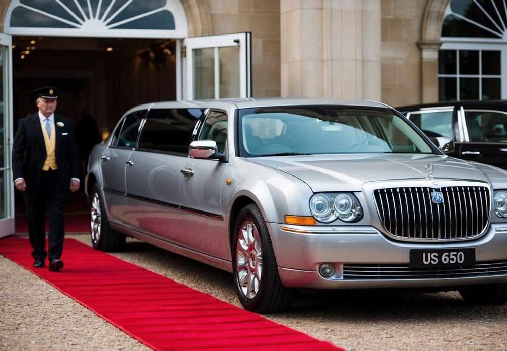 A luxurious limousine parked outside a grand venue, with a red carpet leading up to the open door. A chauffeur stands beside the vehicle, ready to assist