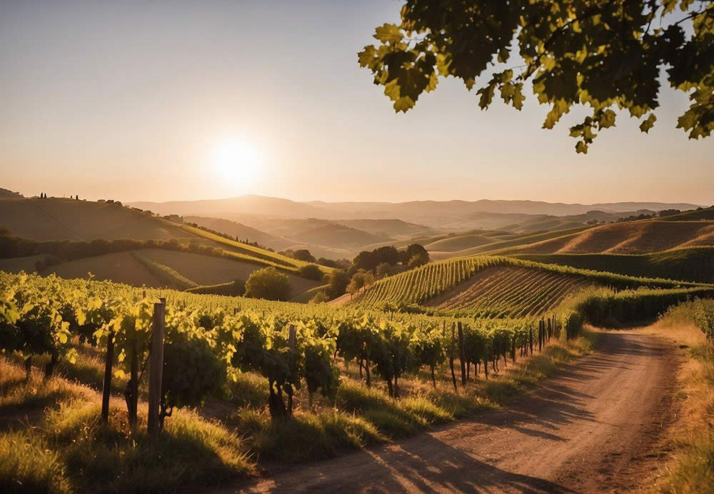 Rolling hills dotted with vineyards, bathed in the warm glow of the setting sun. A winding road leads to a rustic winery nestled among the lush greenery