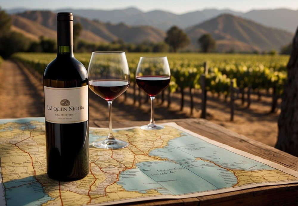 A map of California with a route from Los Angeles to Santa Barbara wineries. A wine bottle, glass, and vineyard in the background