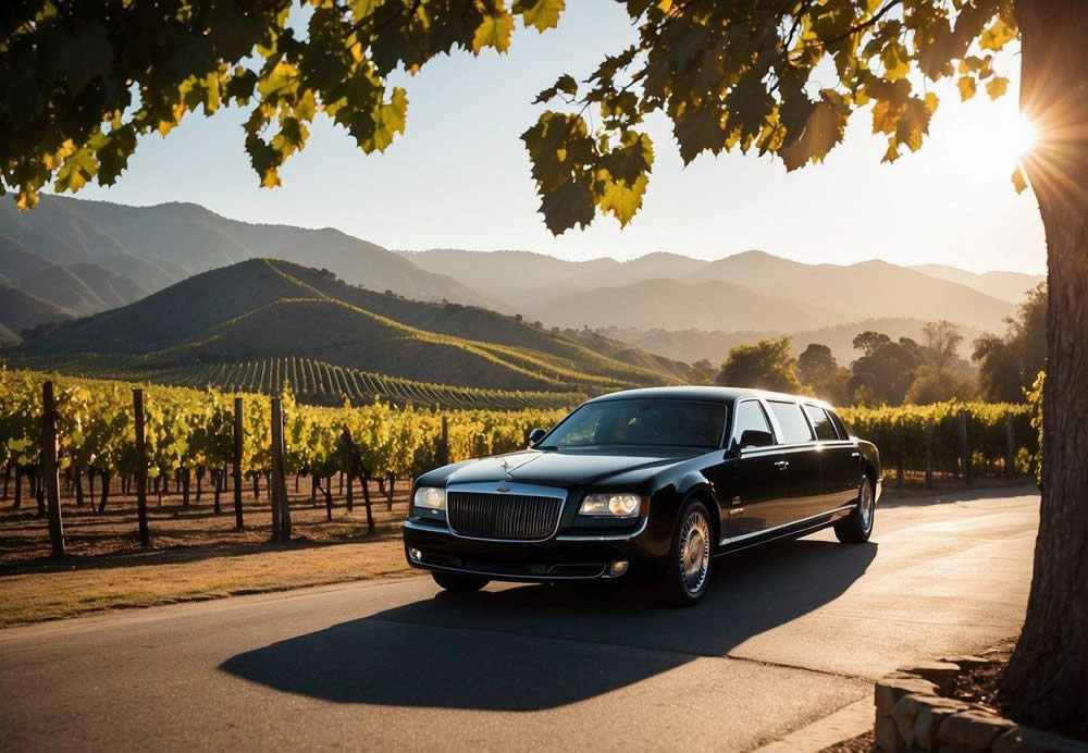 Rolling hills covered in rows of lush green grapevines, with a backdrop of the Santa Ynez Mountains and the Pacific Ocean in the distance