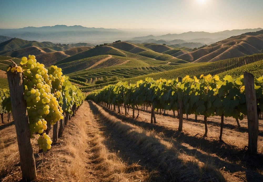 Rolling hills covered in rows of lush green grapevines, with a backdrop of the Santa Ynez Mountains and the Pacific Ocean in the distance