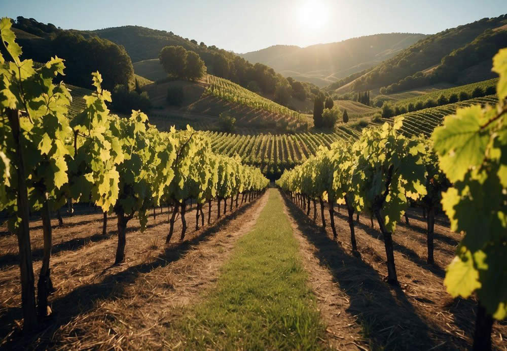 Vineyard landscape with rolling hills, rows of grapevines, and a picturesque winery nestled among the lush greenery. Sunlight filters through the leaves, casting dappled shadows on the ground