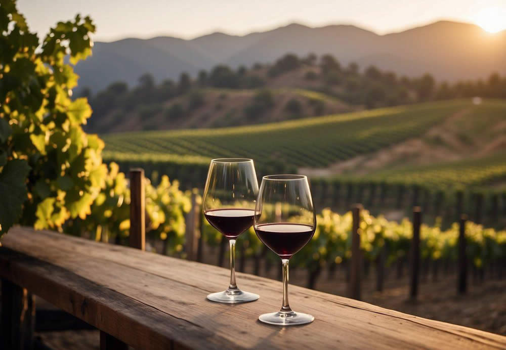 Vineyards rolling over hills, sun setting behind the mountains, a wine tasting in progress at a picturesque Santa Barbara winery