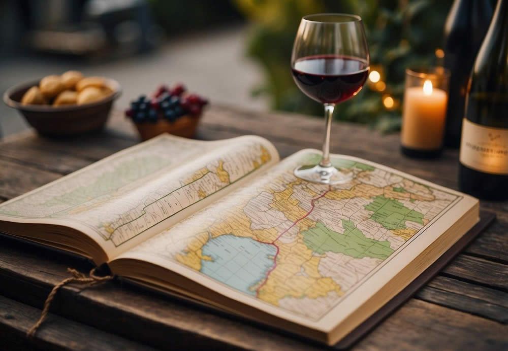 Guests book wine tour online. Guide gathers supplies. Van parked outside. Map and itinerary on table. Excitement in the air